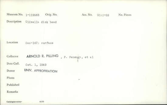 Documentation associated with Hearst Museum object titled Bead, accession number 1-119563, described as Olivella disk