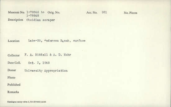 Documentation associated with Hearst Museum object titled Scraper, accession number 1-78848, described as Obsidian.