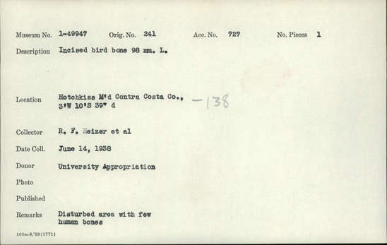 Documentation associated with Hearst Museum object titled Whistle, accession number 1-49947, described as Incised bird bone. Notice: Image restricted due to its potentially sensitive nature. Contact Museum to request access.