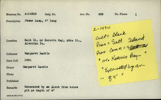 Documentation associated with Hearst Museum object titled Oil lamp, accession number 2-14910, described as Made of stone.