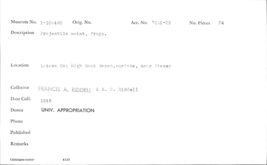 Documentation associated with Hearst Museum object titled Point fragments, accession number 1-104460, described as Projectile