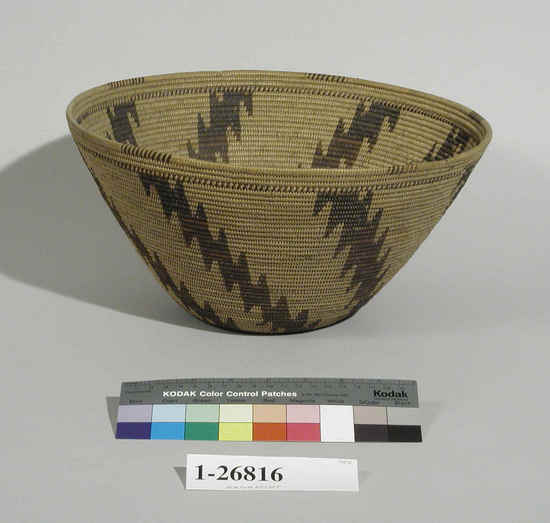 Hearst Museum object titled Bowl basket, accession number 1-26816, described as Large coiled bowl with brown diagonal lightning pattern, alternating brown and white stitching on rim (called Saline Valley label).