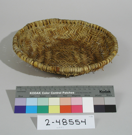 Hearst Museum object 1 of 3 titled Bowl, accession number 2-48554, described as Basketry bowl, ground, twilled yucca leaves.