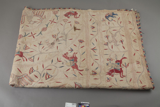 Hearst Museum object titled Bedcover, accession number 7-3365, described as Bed cover; cotton, silk; plain weave; natural ground; lined; quilted; embroidered; varicolored animals, birds, floral, etc. motifs