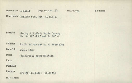 Documentation associated with Hearst Museum object titled Abalone, accession number 1-54914, described as Abalone rim, cut. Notice: Image restricted due to its potentially sensitive nature. Contact Museum to request access.