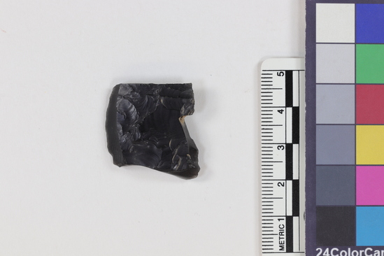 Hearst Museum object 2 of 2 titled Flake, accession number 16-14429, described as Projectile point fragment; obsidian; triangular; weight: 5.8 grams; length: 2.65 cm; width: 2.54 cm; depth: 0.65 cm.