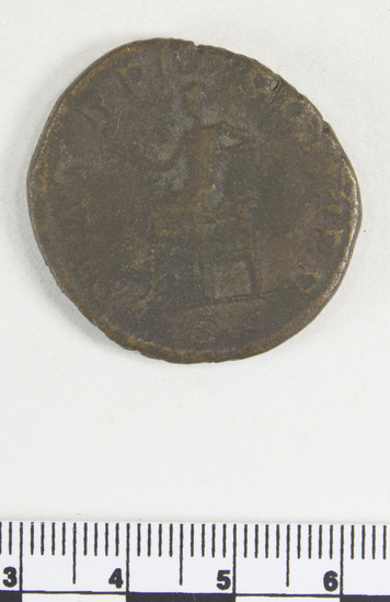 Hearst Museum object 6 of 7 titled Coin: æ sestertius, accession number 8-6493, described as Coin. Æ. Roman (19.0 grams; 32 mm.) Gordian III Ru. Ceves, AD.   Rome. Obverse: IMP GORDIANVS PIVS FEL AVG - Bust facing right, laureate and draped. Reverse: P M T R P IIII COS  III P P - Apollo seated facing left, holding branch and resting left arm on lyre; in exergue, S C.