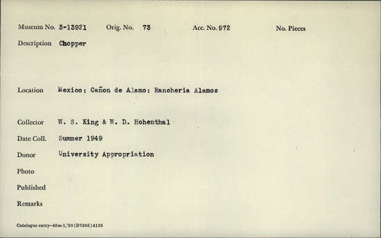 Documentation associated with Hearst Museum object titled Chopper, accession number 3-13921, described as Chopper.