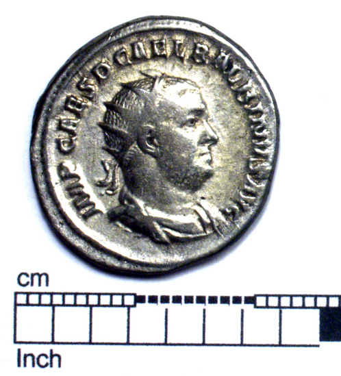 Hearst Museum object titled Coin: æ denarius, accession number 8-6171, described as Coin: Denarius; Æ (AR?); Balbinus - 5.50 grams. Obverse: IMP CAES D CAEL BALBINVS AVG - Bust facing right, radiate, draped. Reverse: CONCORDIA AVGG  - Clasped hands.