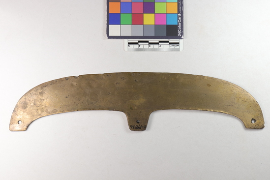 Hearst Museum object 3 of 3 titled Axe blade, accession number 6-19836, described as bronze ax blade, three perforations; 250 x 55 mm