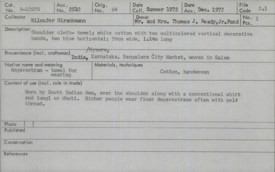 Documentation associated with Hearst Museum object titled Textile, accession number 9-12975, described as Shoulder cloth-towel; white cotton with two multicolored vertical decorative bands, two blue horizontal; materials/techniques: cotton, hand-woven.