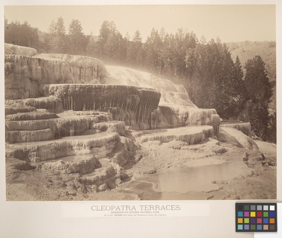 Hearst Museum object 2 of 2 titled Albumen print, accession number 13-1302g, described as Mounted photograph by Carleton E. Watkins: Cleopatra Terraces, Mammoth Hot Springs, National Park. :S. 105 (New Series)