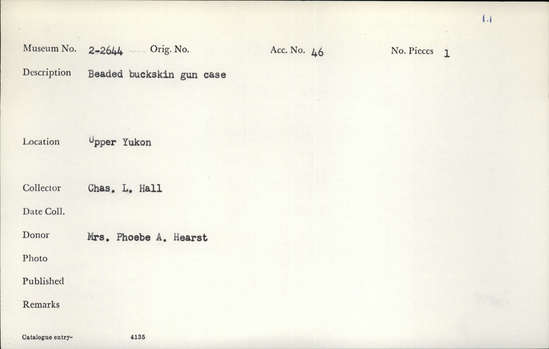 Documentation associated with Hearst Museum object titled Gun case, accession number 2-2644, described as Beaded buckskin.