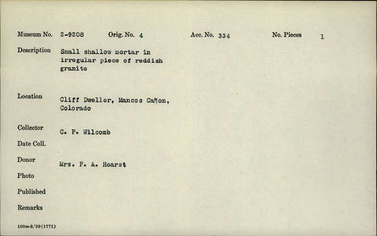 Documentation associated with Hearst Museum object titled Mortar, accession number 2-9208, described as Small shallow mortar in irregular piece of reddish granite.