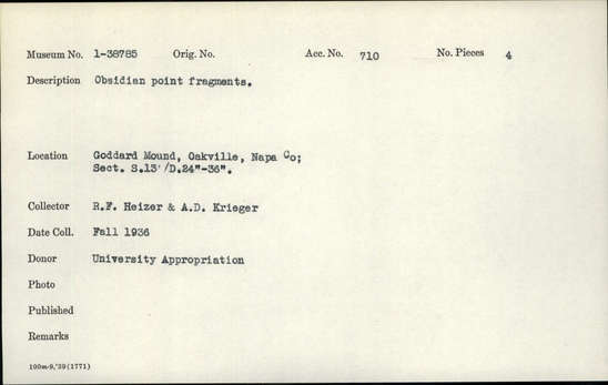 Documentation associated with Hearst Museum object titled Point fragments, accession number 1-38785, described as Obsidian.