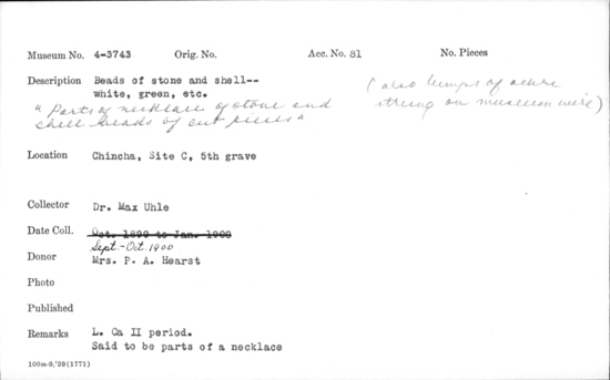 Documentation associated with Hearst Museum object titled Beads, accession number 4-3743, no description available.