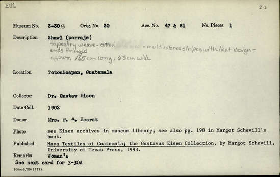 Documentation associated with Hearst Museum object titled Shawl, accession number 3-30b, described as Tapestry weave cotton.  Multicolored stripes with "ikat" design ends fringed Approx 165 cm long 63cm wide