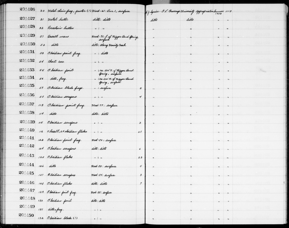 Documentation associated with Hearst Museum object titled Scrapers, accession number 1-201439, described as obsidian scrapers