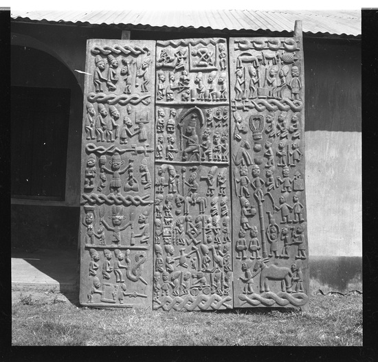 Hearst Museum object titled Black-and-white negative, accession number 15-31155, described as Black-and-white negative, Nigeria, Ekiti - Ila, Palace door (entire), 1951