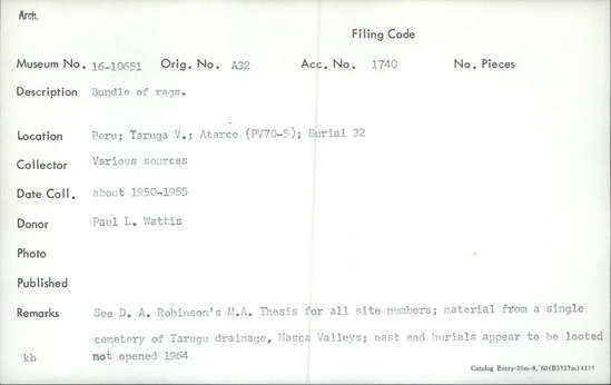 Documentation associated with Hearst Museum object titled Cloth, accession number 16-10651, described as Bundle of rags.