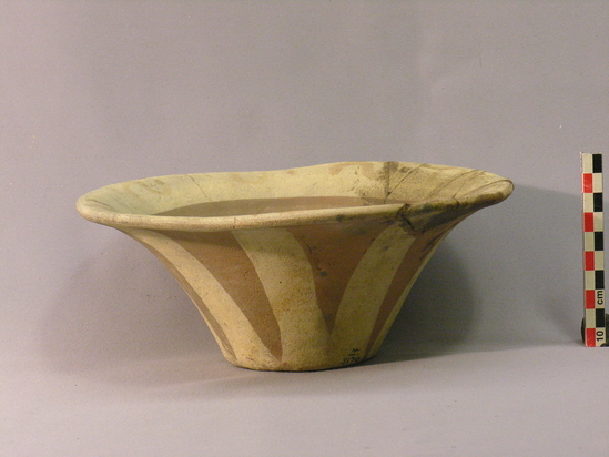 Hearst Museum object titled Bowl, accession number 4-3170, described as Flaring flat-bottomed bowl, without base, vertical white stripes