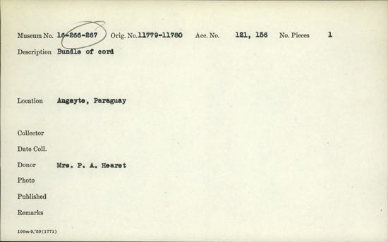 Documentation associated with Hearst Museum object titled Cord, accession number 16-266, described as  Bundle of cord