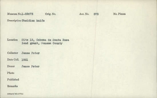 Documentation associated with Hearst Museum object titled Knife, accession number 1-22673, described as Obsidian knife