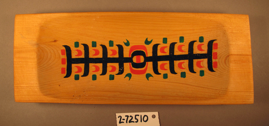 Hearst Museum object titled Rectangular bowl, accession number 2-72510, described as Wood tray, with black red and green decorations. Label with "B" affixed to back.