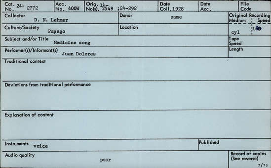 Documentation associated with Hearst Museum object titled Audio recording, accession number 24-2772, described as Medicine Song