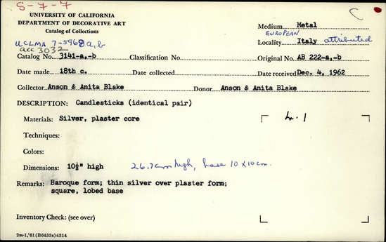 Documentation associated with Hearst Museum object titled Metal, candlestick, accession number 7-5968a,b, no description available.