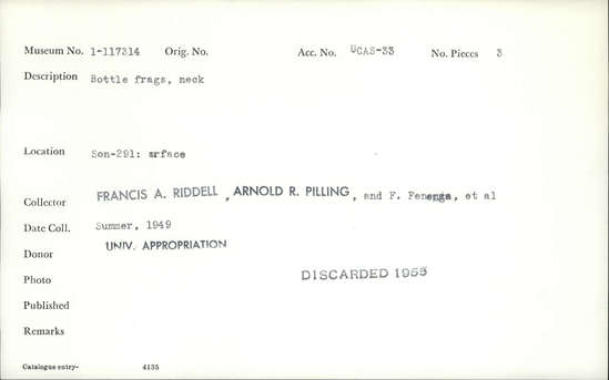 Documentation associated with Hearst Museum object titled Glass bottle fragment, accession number 1-117314, described as Neck