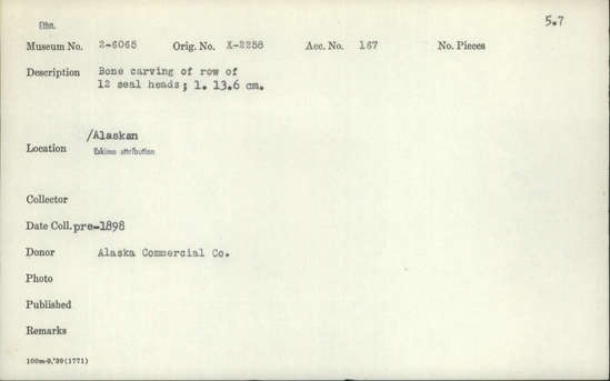 Documentation associated with Hearst Museum object titled Zoomorph, accession number 2-6065, described as Bone carving of row of 12 seal heads.