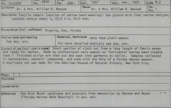 Documentation associated with Hearst Museum object titled Textile sample, accession number 5-11180, described as textile sample (section of narrow band weaving):  tan ground with four narrow stripes;  central stripe navy;  l. 23.2 x w. 10.2 cms.