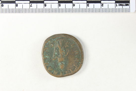 Hearst Museum object 2 of 8 titled Coin: æ sestertius, accession number 8-6128, described as Coin: Sestertius; Æ; Gordianus. Pius - 24.06 grams. Obverse: IMP GORDIANVS PIVS FEL AVG - Bust facing right laureate, draped. Reverse: LAETITIA AVG N, SC - Laetitia standing facing left holding wreath and anchor.