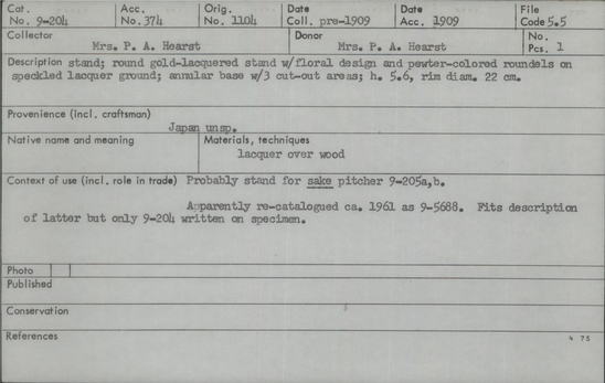Documentation associated with Hearst Museum object titled Dish, accession number 9-204, described as Stand; round gold-lacquered stand with floral design and pewter-colored roundels on speckled lacquer ground; annular base with 3 cut-out areas. Probably stand for sake pitcher 9-205 a,b. Apparently re-catalogued ca. 1961 as 9-5688. Fits description of latter but only 9-204 written on specimen.