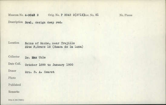 Documentation associated with Hearst Museum object titled Bowls (5), accession number 4-3042b, described as Bowl, design deep red