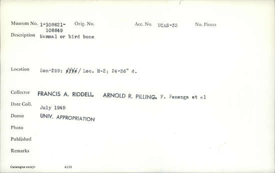 Documentation associated with Hearst Museum object titled Faunal remains, accession number 1-108646, described as Mammal or bird bone.