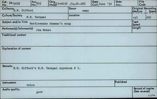 Documentation associated with Hearst Museum object titled Audio recording, accession number 24-2658, described as Rattlesnake shaman's song