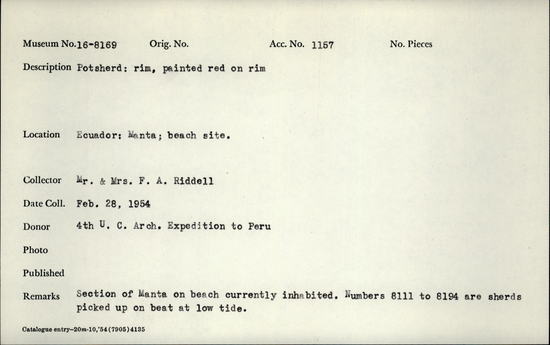 Documentation associated with Hearst Museum object titled Potsherd, accession number 16-8169, described as Potsherd; rim, painted red on rim Section of Manta on beach currently inhabited. Numbers  8111 to 8194 are sherds picked up on beach at low tide.