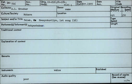 Documentation associated with Hearst Museum object titled Audio recording, accession number 24-746, described as Yellaka ("Goose") song