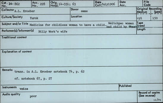 Documentation associated with Hearst Museum object titled Audio recording, accession number 24-862, described as Medicine for childless woman to have child