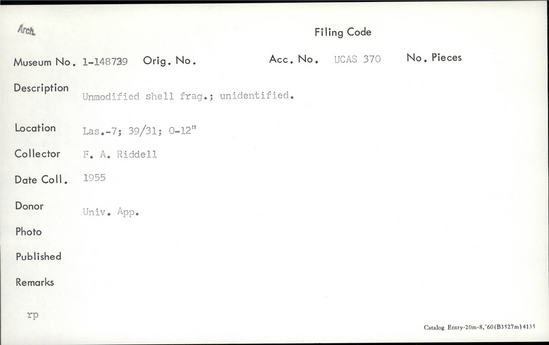 Documentation associated with Hearst Museum object titled Shell, accession number 1-148739, described as Unmodified, unidentified.