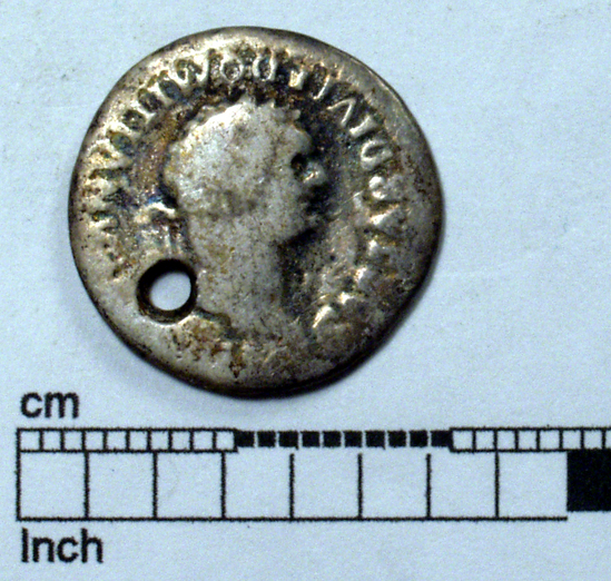 Hearst Museum object 1 of 8 titled Coin: æ denarius, accession number 8-5926, described as Coin: Denarius; (AR?) Æ; Titus - 2.64 grams. Rome, 80 AD. Obverse:  CAESAR DIVI F DOMITIANVS COS VII (line over VII) - Domitian head laureate, facing right. Reverse: PRINCEPS IVVENTVTIS - lighted altar.