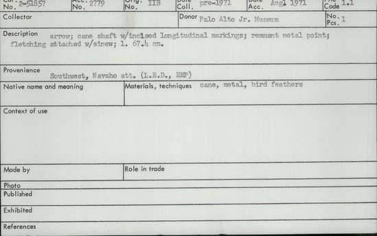 Documentation associated with Hearst Museum object titled Arrow, accession number 2-51857, described as Cane shaft with incised longitudinal markings; remnant metal point. Fletching attached with sinew.