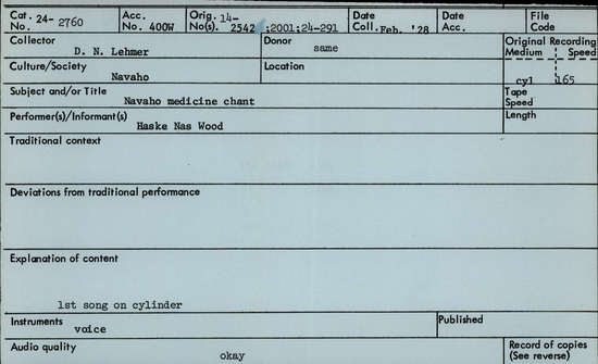 Documentation associated with Hearst Museum object titled Audio recording, accession number 24-2760, described as Navajo Medicine Chant