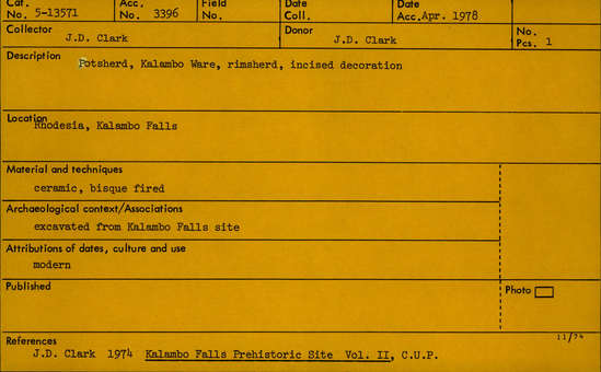 Documentation associated with Hearst Museum object titled Potsherds, accession number 5-13571, described as Potsherd; Kalambo Ware; rimsherd; incised decoration (modern)