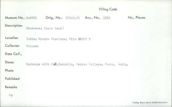 Documentation associated with Hearst Museum object titled Handaxe, accession number 9-6416, described as Hand-axe; (core tool).