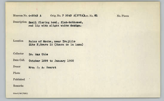 Documentation associated with Hearst Museum object titled Bowls (2), accession number 4-3043a, described as Small flaring bowl, flat-bottomed, red lip with slight white design.