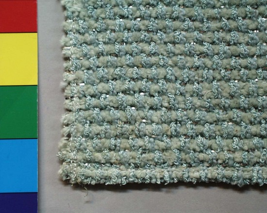 Hearst Museum object titled Textile sample, accession number 2-62560, described as Sample; silk, synthetic, lurex, twill, colors light green and silver, hand-woven. 7"x6" Form the Dorothy Liebes Estate