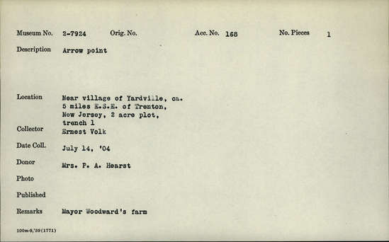 Documentation associated with Hearst Museum object titled Projectile point, accession number 2-7924, described as Arrow point. Notice: Image restricted due to its potentially sensitive nature. Contact Museum to request access.